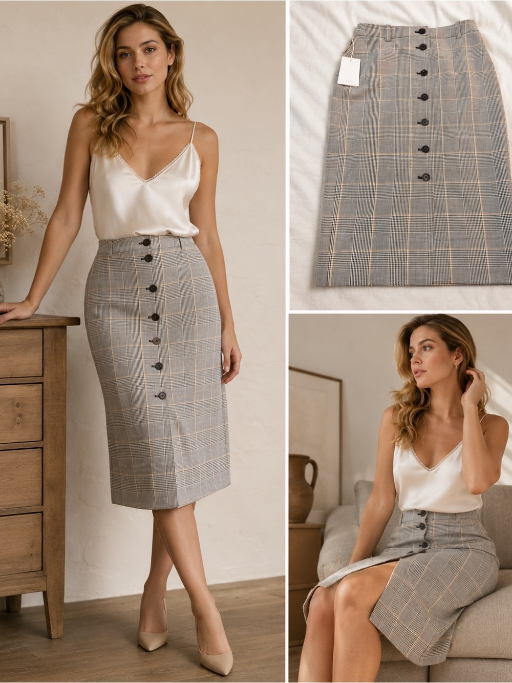 Wilfred Plaid Button-Front Midi Skirt in Gray and Tan - Picture 1 of 8